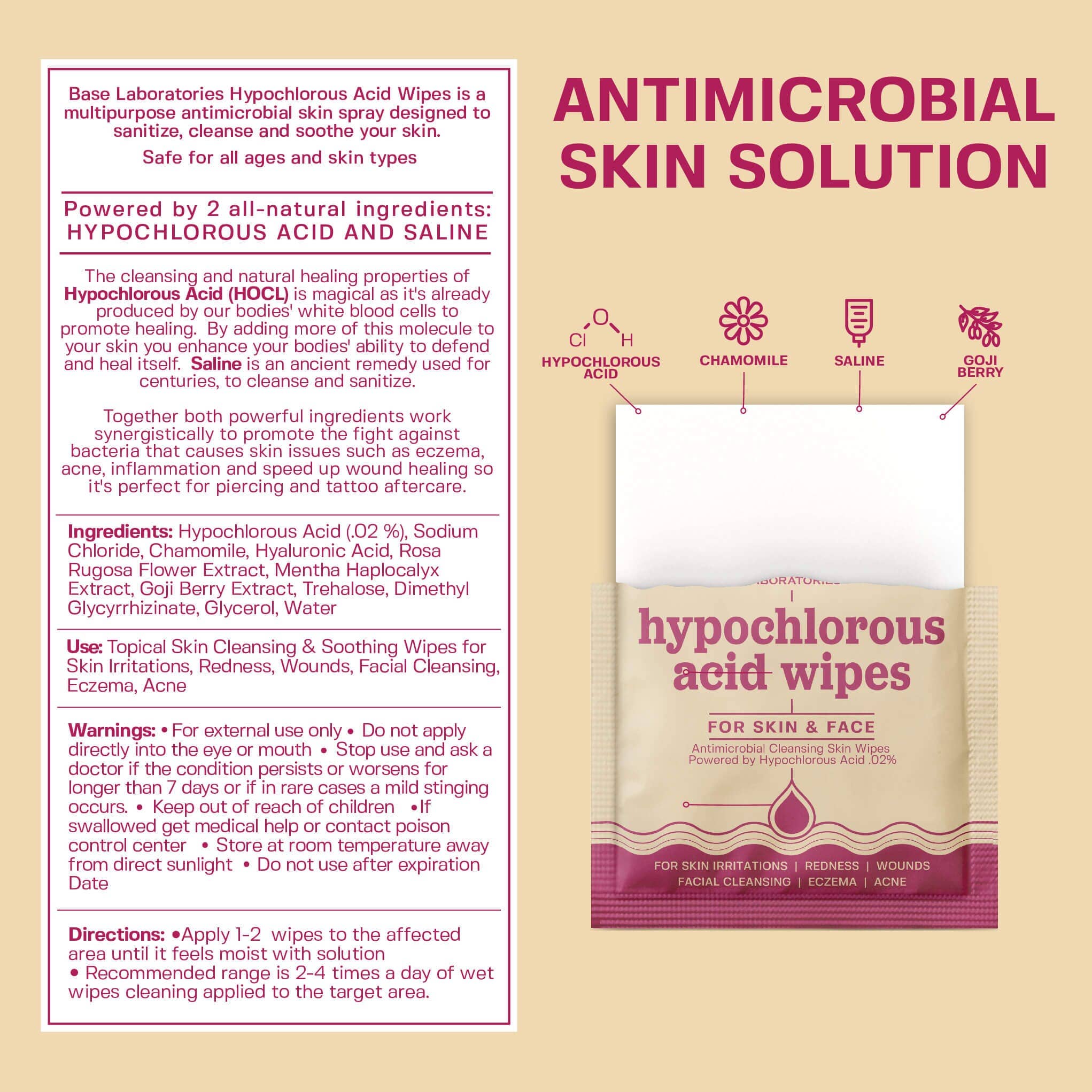 Hypochlorous Acid Facial Wipes - Wound Cleaning Wipes 75 count